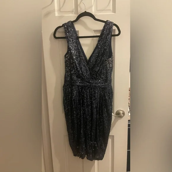 badgley mischka navy sequin dress Badgley Mischka Chic Midnight Blue Sequin Midi Dress with open back